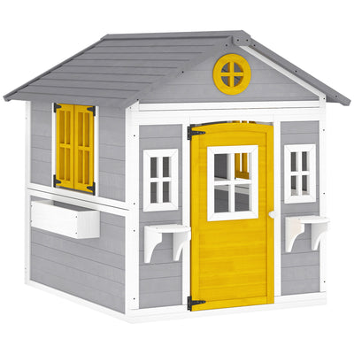 Wooden Outdoor Playhouse for Children with Planter Boxes and Weatherproof Shelter Grey Yellow White Outsunny