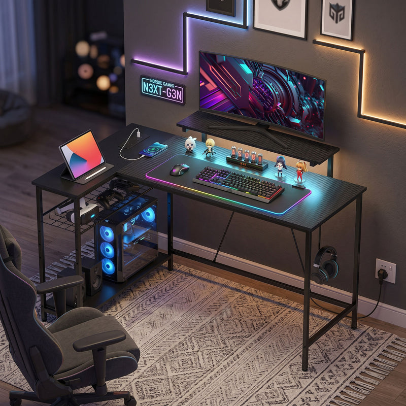 L Shaped Desk with Shelves and LED Lighting for Organised Home Office Black