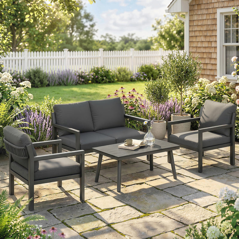 4 Piece Rattan Garden Furniture Set with Loveseat, Armchairs and Coffee Table — Beige or Dark Grey Outsunny