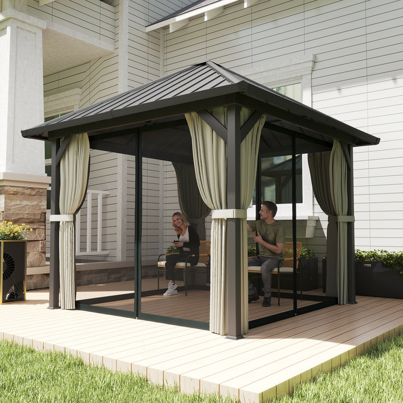 3x3m Metal Garden Gazebo with Waterproof Galvanised Steel Roof and Privacy Curtains for Year Round Outdoor Shelter Black