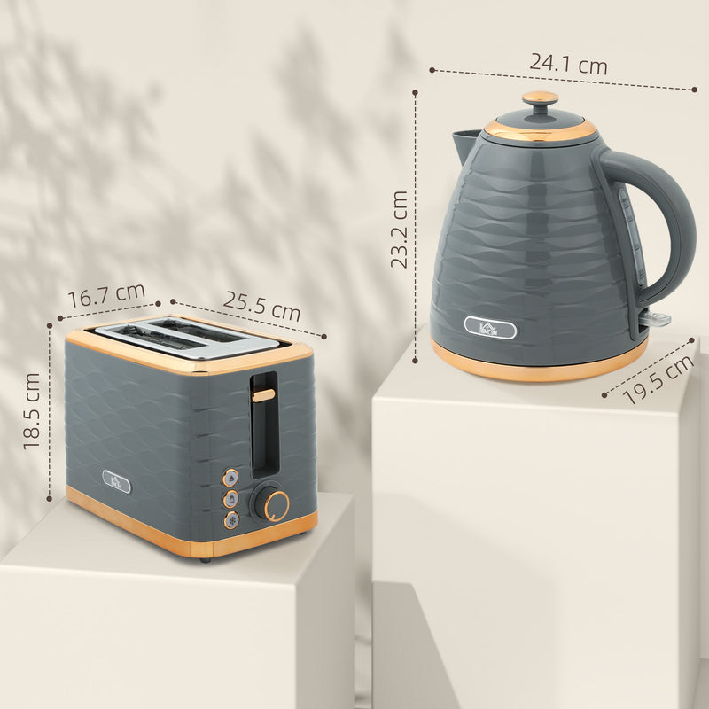 Grey 3000W 1.7L Rapid Boil Kettle and 2 Slice Toaster Set with 7 Browning Levels and Crumb Tray