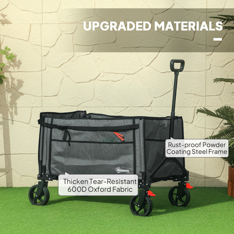 Grey 150L Folding Trolley Wagon with Wheels Brakes and Adjustable Handle by Outsunny