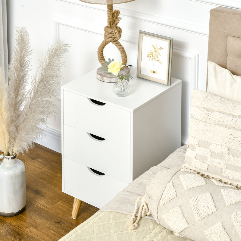 Bedside Table with 3 Drawers and Cut Out Handles for Bedroom Storage White
