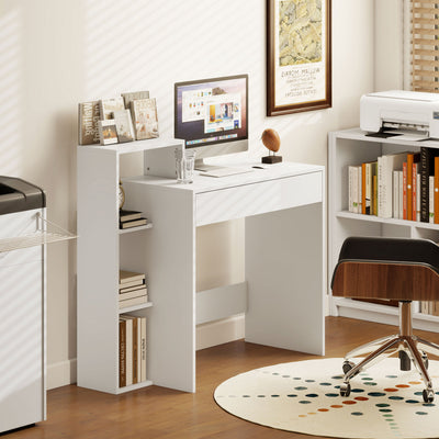 Compact Computer Desk with Shelves and Drawer for Small Spaces White AOSOM