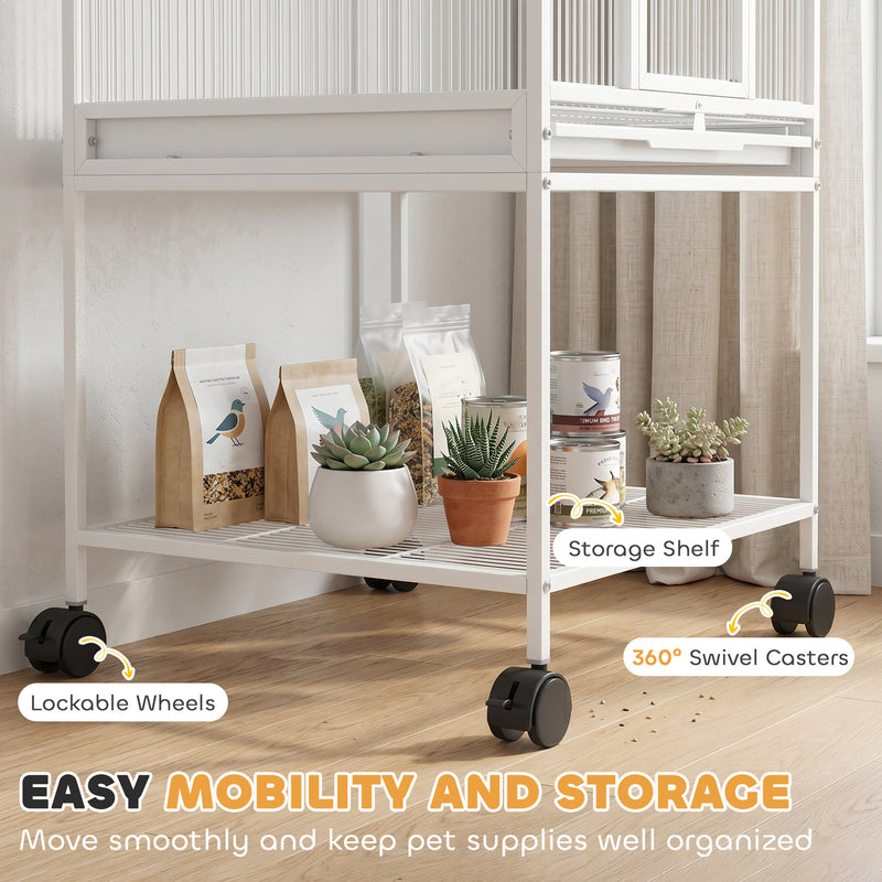 Mobile Bird Cage With Stand and Storage Shelf for Easy Cleaning and Moving White