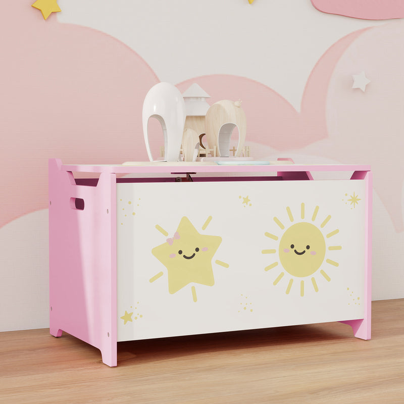 Kids Wooden Toy Storage Box with Safety Hinges and Handles for Playroom or Bedroom Pink 60x37x39 cm