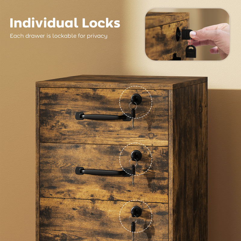 Three Drawer Wood Effect Filing Cabinet With Spacious Storage For Home Office, Rustic Brown