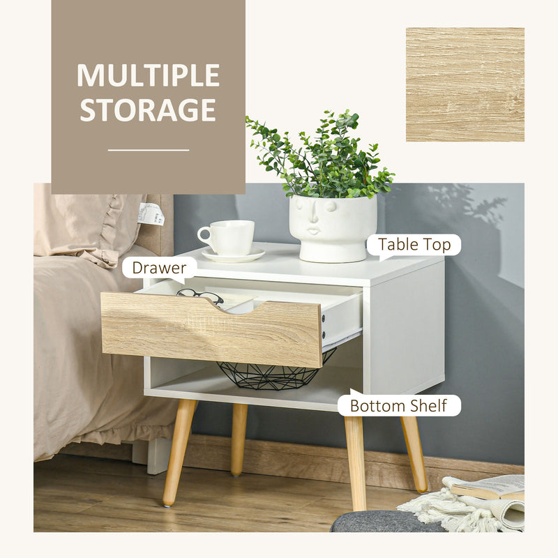 Set of 2 Modern Bedside Tables with Drawer and Shelf for Bedroom or Living Room White