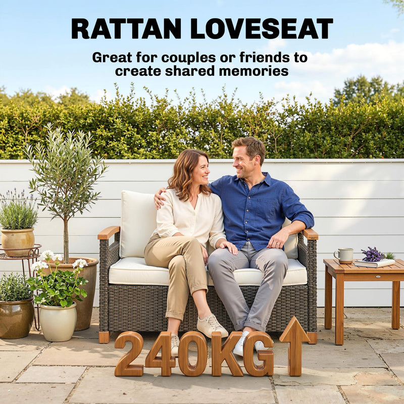 2 Seater Rattan Garden Sofa with Deep Cushions and Acacia Armrests for Comfortable Outdoor Relaxing Brown Cream White Outsunny