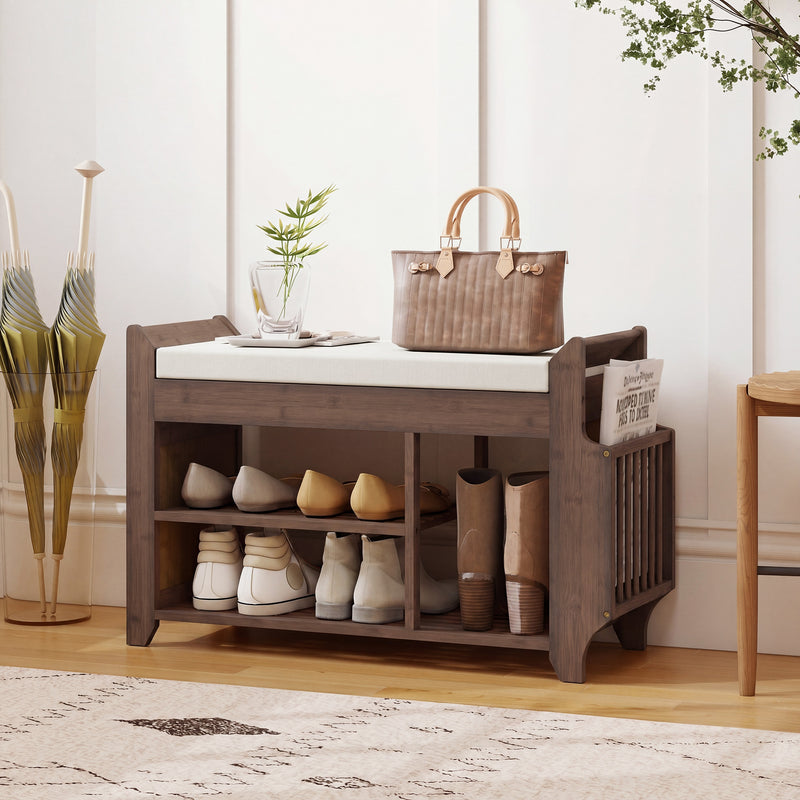 Hallway Shoe Storage Bench with Padded Seat and Side Compartment for Narrow Spaces Cream