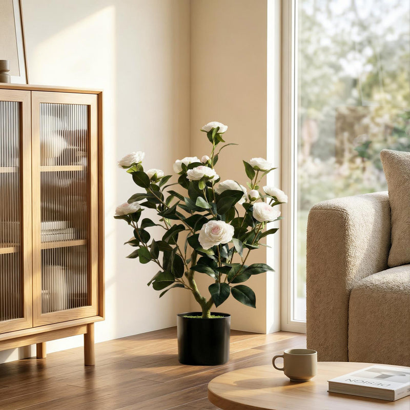 Artificial Camellia Plant 65 cm for Easy Indoor Greenery No Watering Needed White Homcom