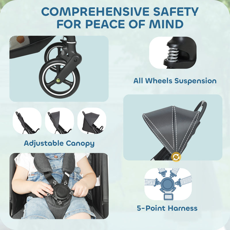 Lightweight Travel Pushchair With Reclining Seat And Storage Basket For Toddlers Dark Grey AOSOM