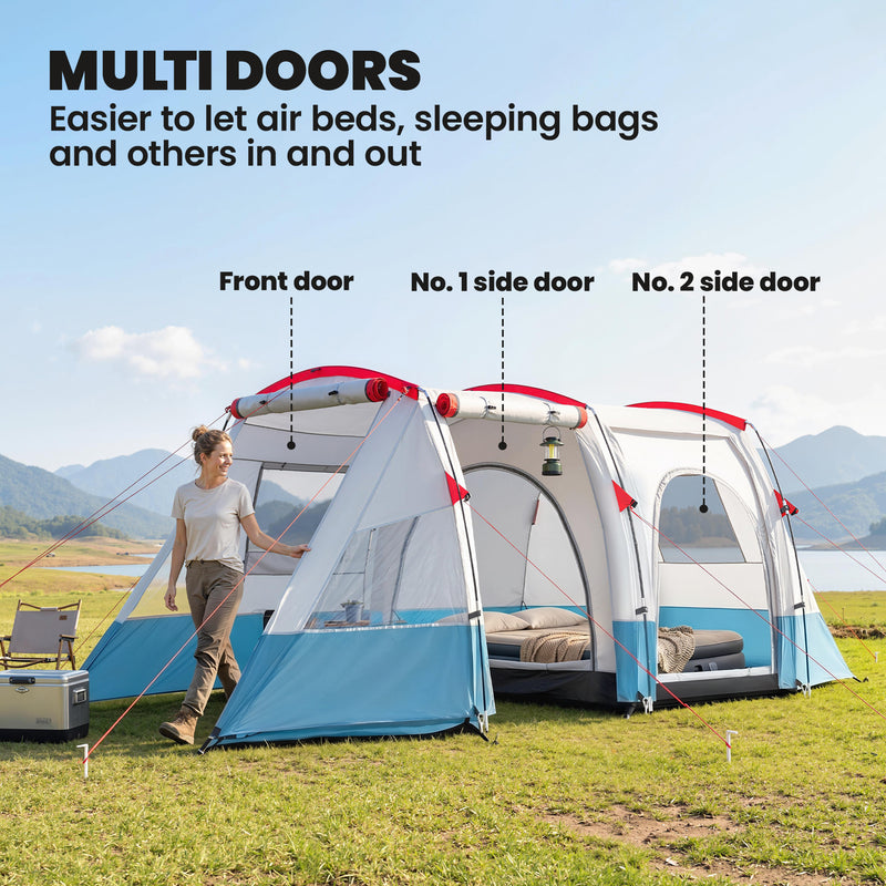 Outsunny 6-8 Person Tunnel Tent, Camping Tent with Bedroom, Living Room, Sewn-in Floor, 3 Doors and Carry Bag, 2000mm Water Column for Fishing, Hiking, Sports, and Traveling, Blue