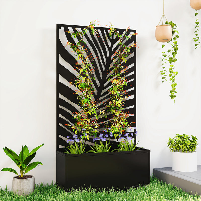 Metal Planter with Leaf Trellis for Climbing Plants and Outdoor Gardening Black