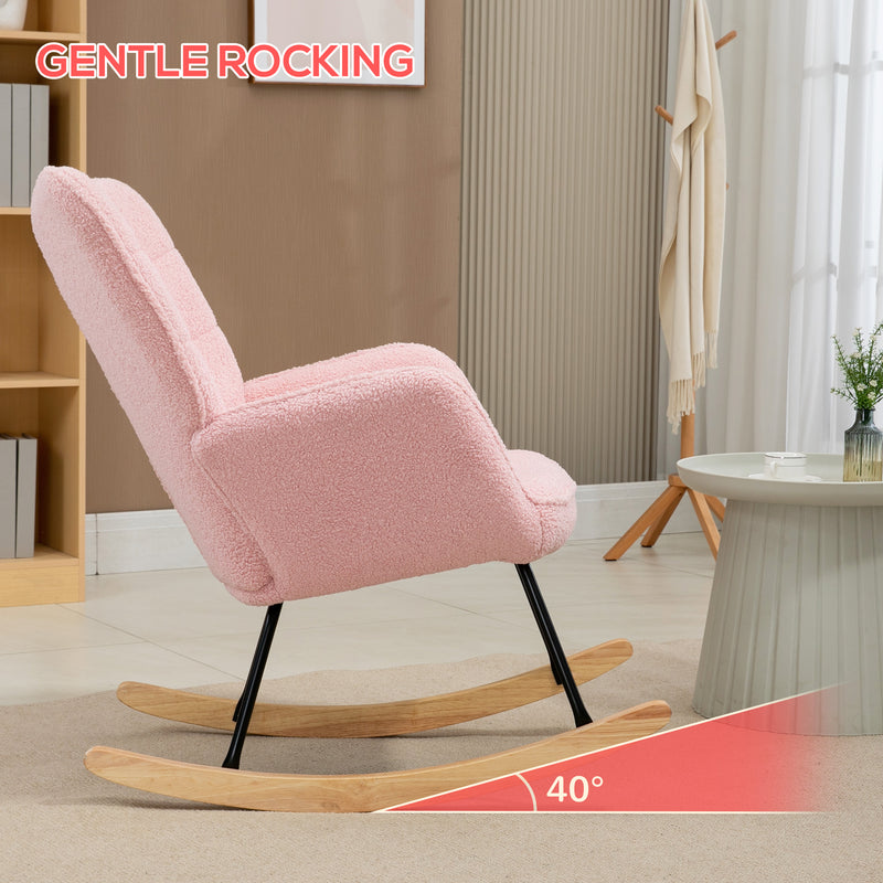 Pink Soft Fleece Wingback Rocking Chair Comfortable Elegant Design by HOMCOM