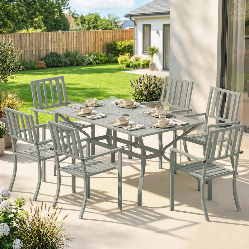 Garden Dining Set for 6 with Stacking Chairs and Weatherproof Steel Frame, Light Grey