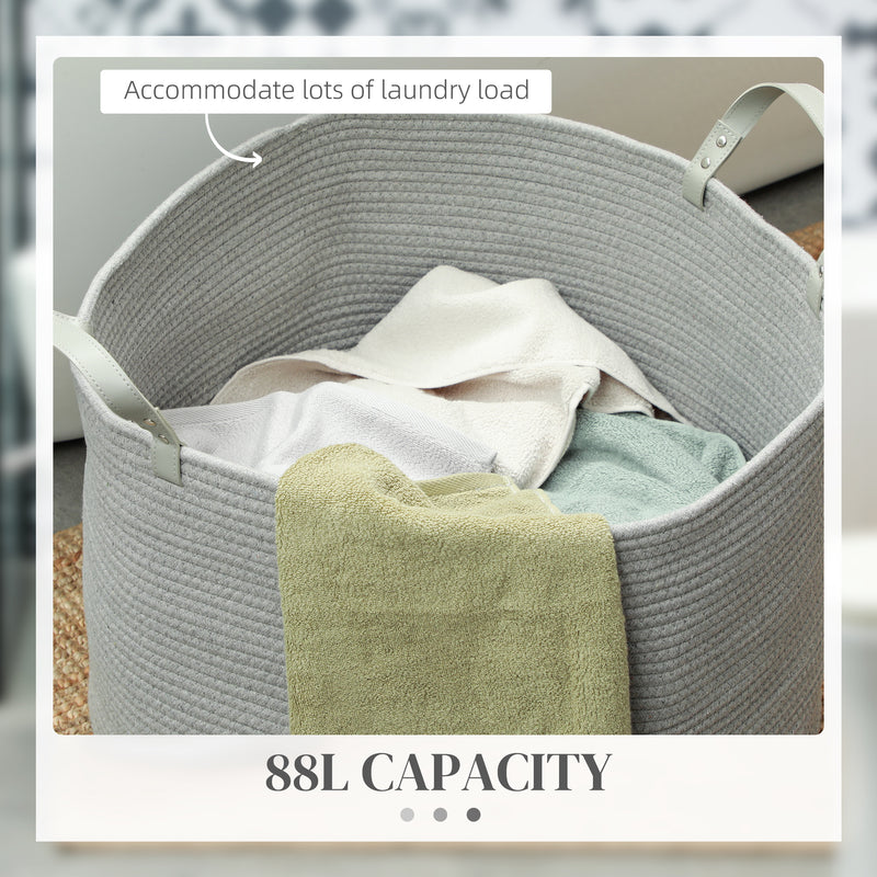 88L Cotton Rope Laundry Basket With Sturdy Handles For Clothes Storage, Grey