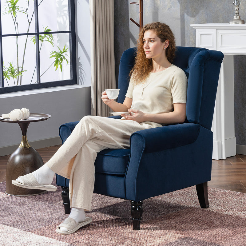 Retro Wingback Accent Chair with Button Tufted Upholstery for Lounge or Bedroom, Dark Blue