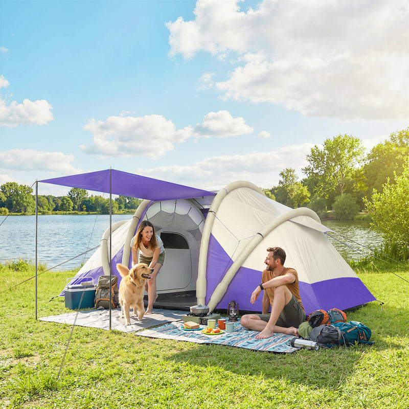 Inflatable Family Tent with Two Bedrooms and Fast Five Minute Setup for Easy Camping Purple White