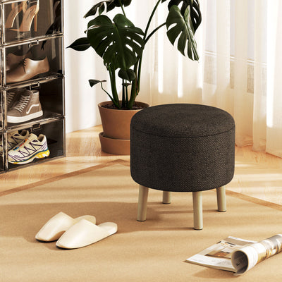 Round Ottoman Storage Stool with Padded Seat and Wood Legs for Living Room, Grey