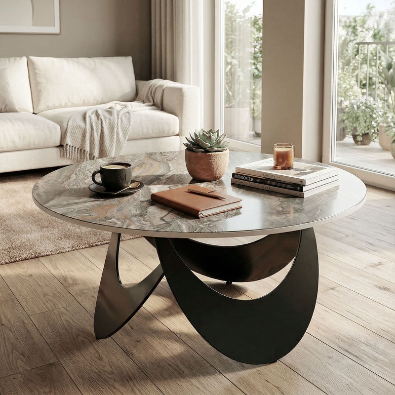 Round Coffee Table with Heat Resistant Sintered Stone Marble Effect Easy Clean Top for Living Room Brown & Black