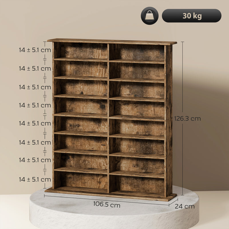 16 Compartment Wooden Media Storage Shelf For CDs, DVDs, And Books, Rustic Brown