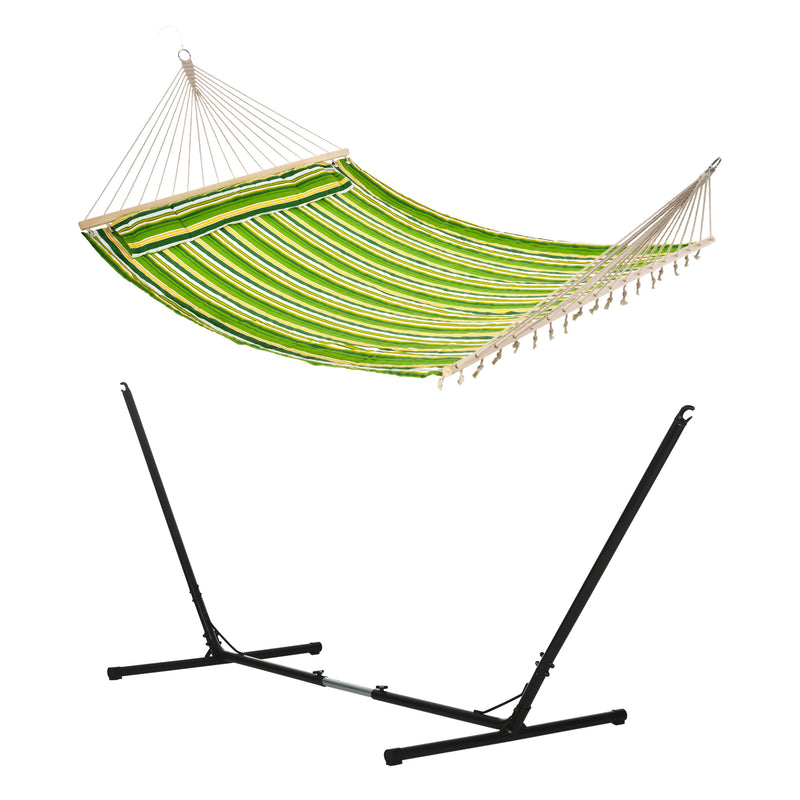 Double Garden Hammock with Adjustable Steel Stand and Pillow for Patio or Beach Green Stripes AOSOM