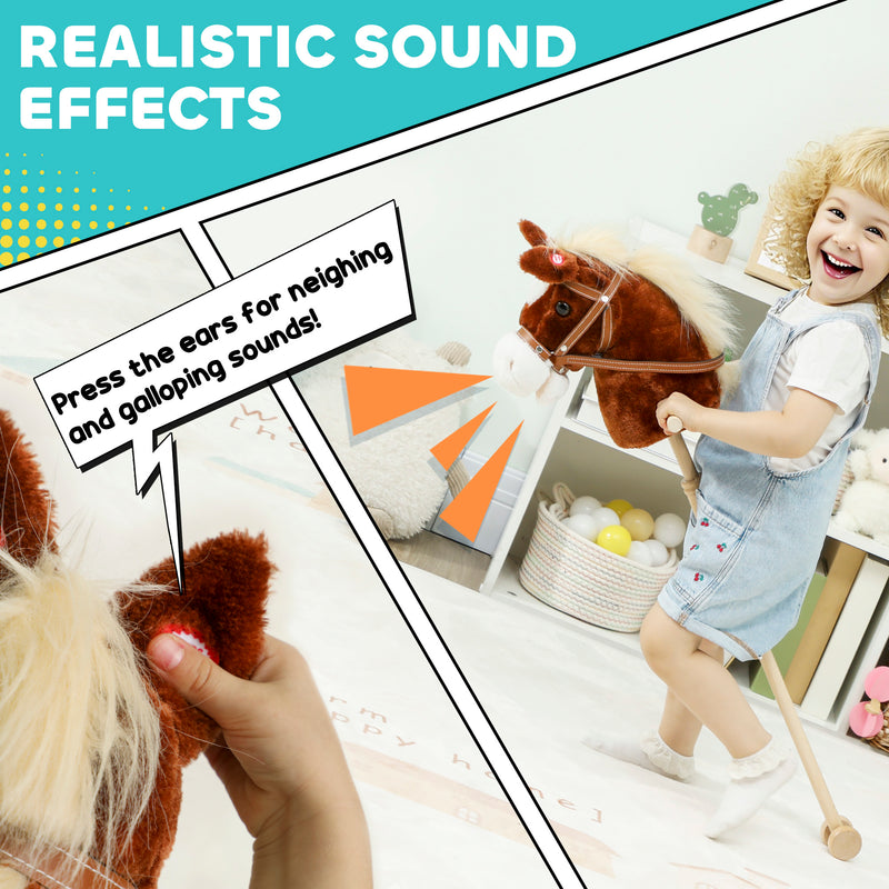 Stick Horse Toy with Real Neighing Sounds and Wooden Wheels for Kids Playtime, Brown AOSOM
