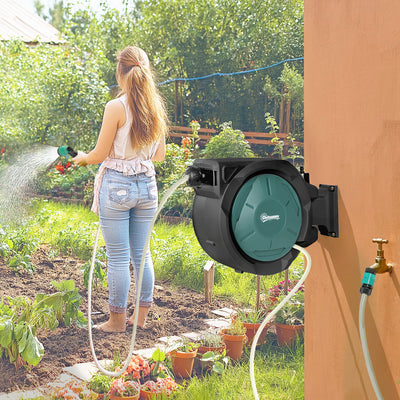Wall Mounted Retractable Garden Hose Reel With Auto Rewind And Spray Nozzle Black Outsunny