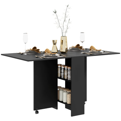 Extendable Drop Leaf Dining Table with Storage Shelves and Wheels for Small Spaces Grey