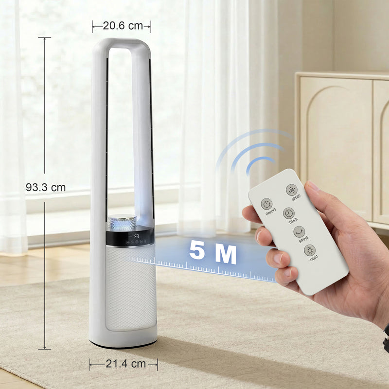 Oscillating Bladeless Tower Fan with Quiet Sleep Mode LED Lights and Remote Control for Bedrooms and Living Rooms, White