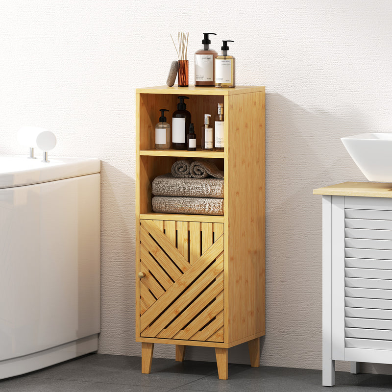 Slim Freestanding Bathroom Cabinet With Bamboo Door And Open Shelves For Storage, Natural Wood Finish