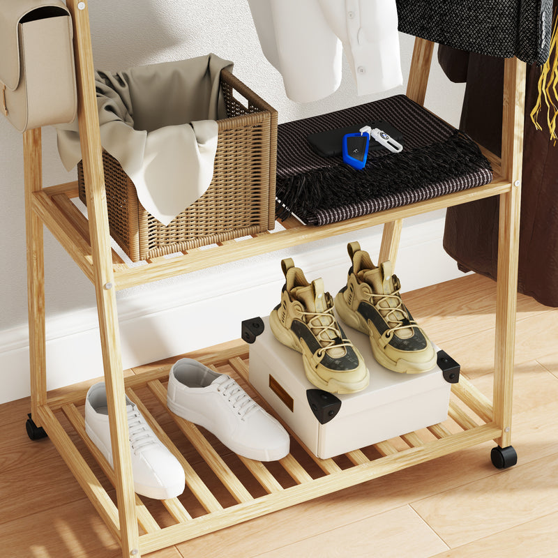 Natural Bamboo Clothes Rack with Shelves and Hooks for Storage by HOMCOM