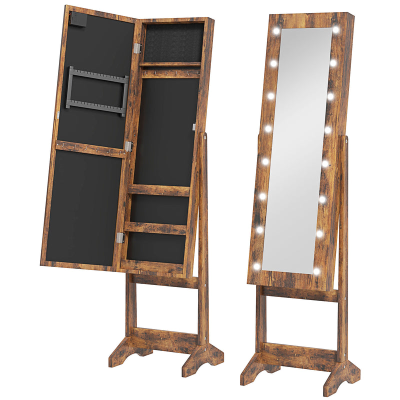 Freestanding Full Length Mirror Cabinet with LED Jewelry Storage and Adjustable Angle Rustic Brown