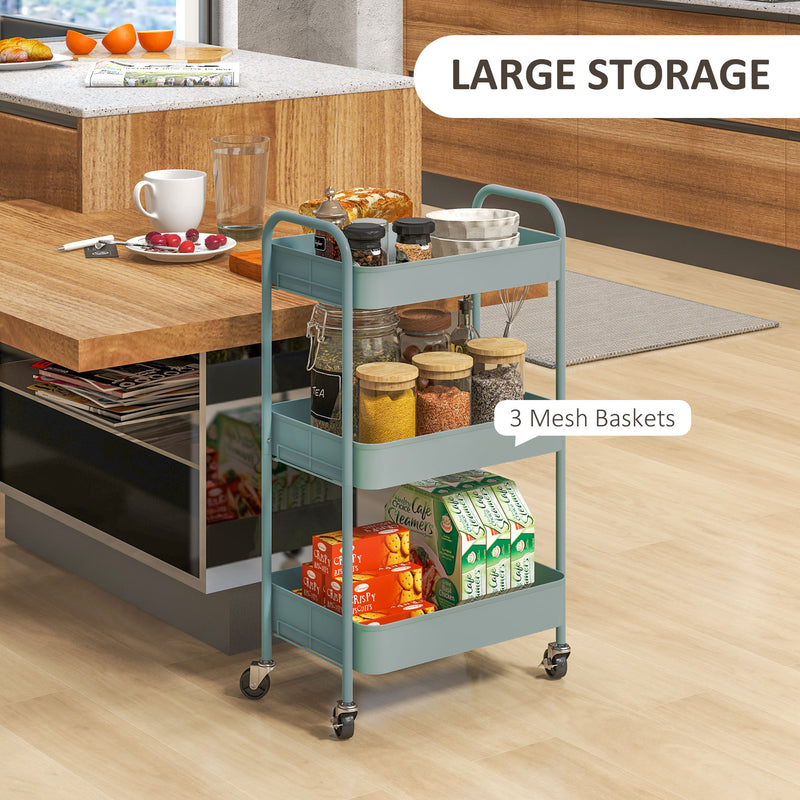 Three Tier Steel Storage Trolley with Wheels in Light Blue for Home and Office by HOMCOM