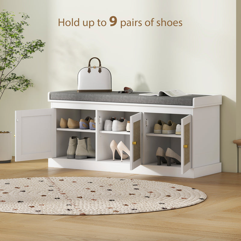 Shoe Storage Bench With Woven Rattan Doors And Padded Seat For Hallway, White, 105x35x47cm