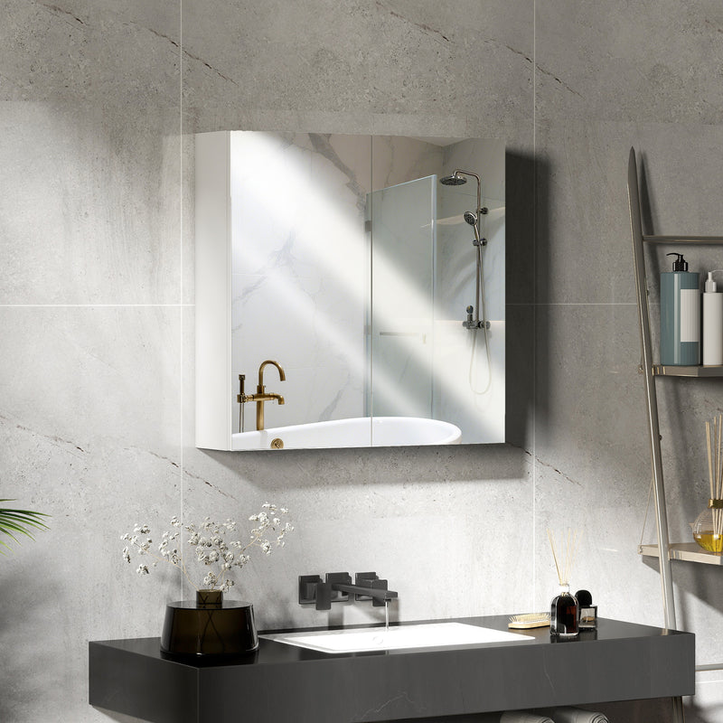 Wall Mounted Bathroom Mirror Cabinet With Double Doors And Shelves Waterproof White