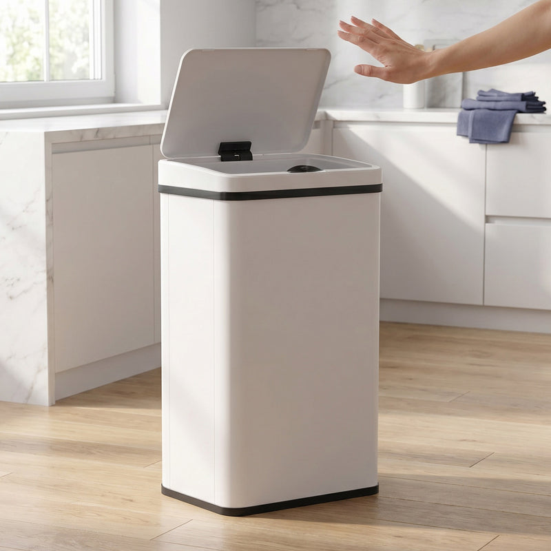 Sensor Kitchen Bin 50L Touch Free Motion Sensor with Soft Close Lid White
