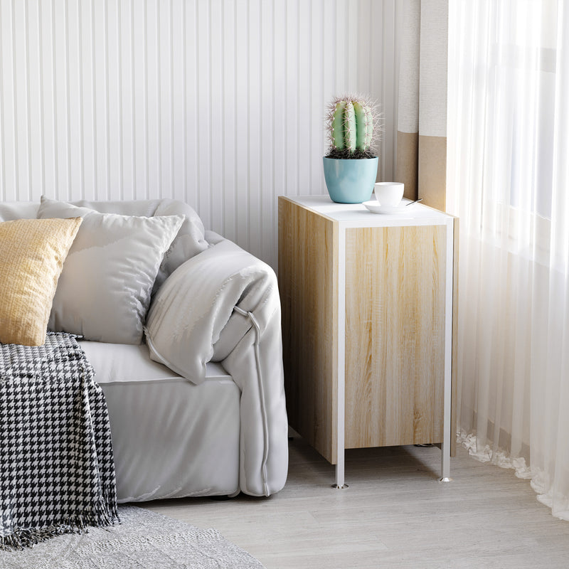 Oak and White Drop Leaf Dining Table with Storage Shelves Ideal for Small Spaces