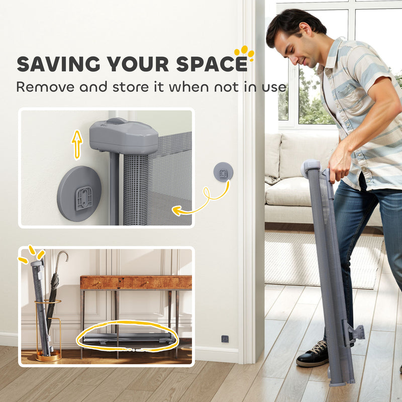 Retractable Dog Gate for Doorways and Stairs with One-Handed Operation Grey AOSOM