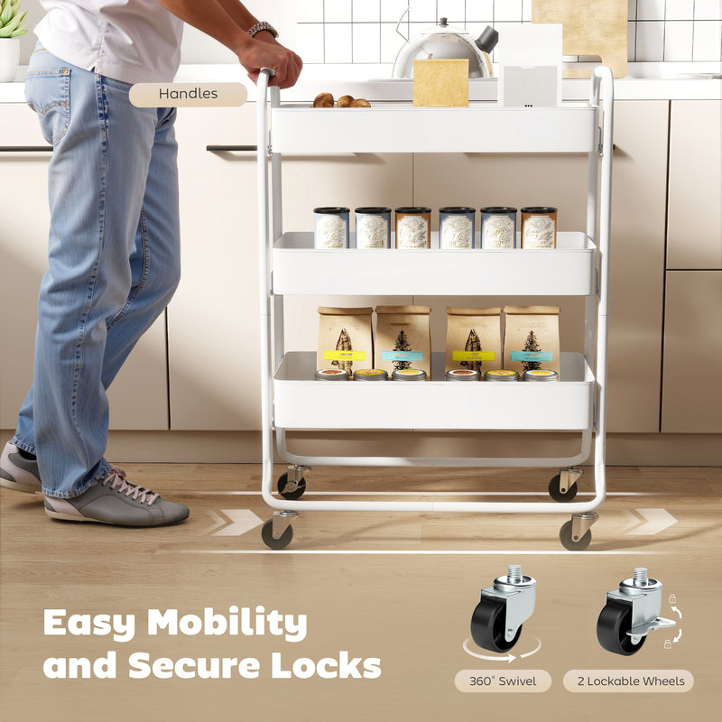 3 Tier Rolling Storage Trolley with Mesh Baskets Ideal for Kitchen or Bathroom White
