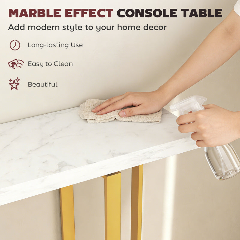 Narrow Console Table with Faux Marble Top and Steel Frame for Hallway Use White AOSOM