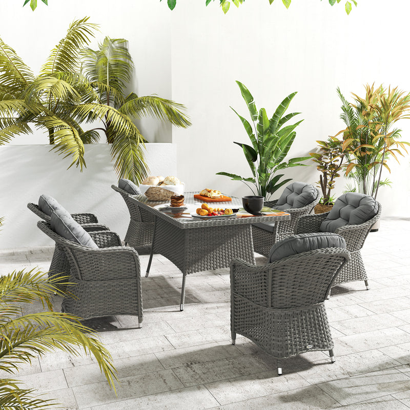 Light Grey 6 Seater Rattan Dining Set With Cushions and Glass Table by Outsunny