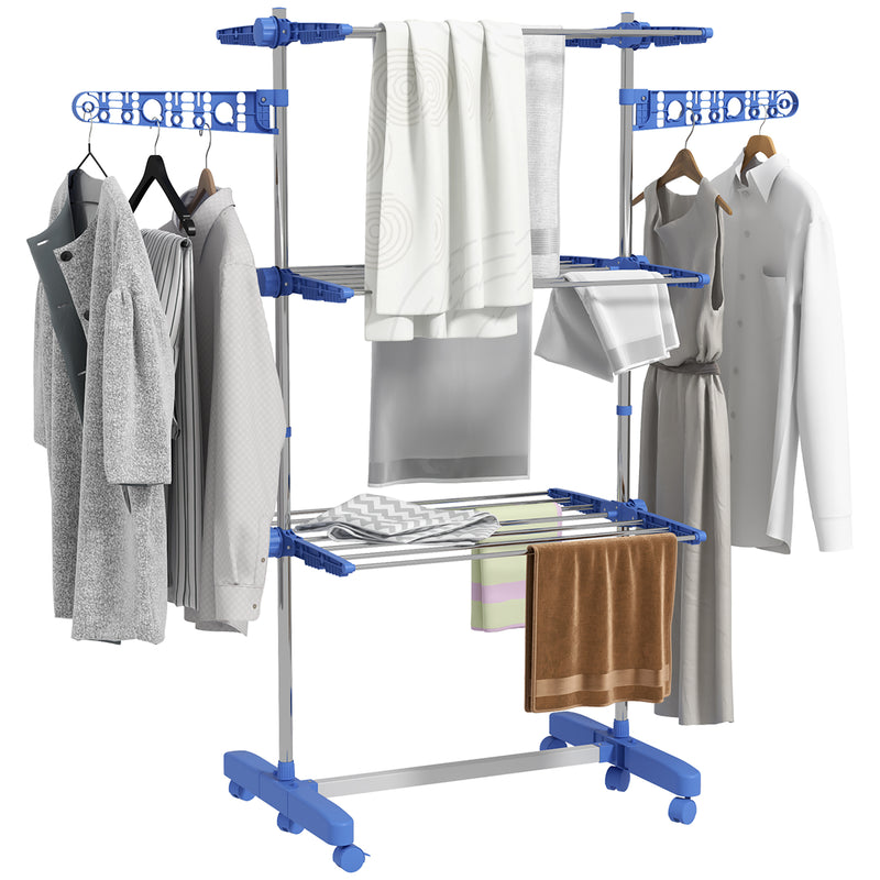 Folding Three Tier Clothes Airer With Side Arms And Wheels For Indoor Drying, Blue