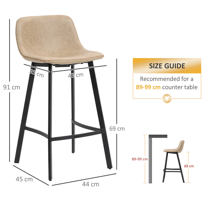 Set of 2 PU Leather Bar Stools with Backrest and Footrest for Kitchen or Breakfast Bar Light Brown