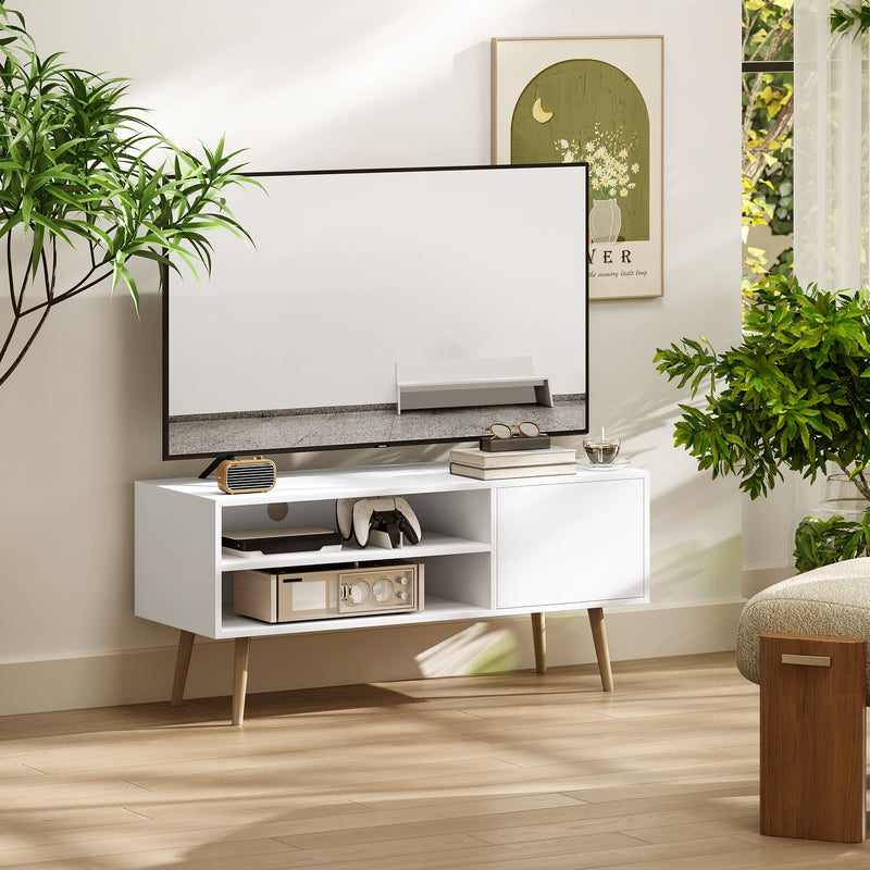 White TV Stand for TVs up to 55 Inches with Open Shelves and Cable Management