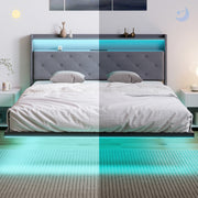 King Size Floating Bed Frame with LED Lights, Charging Ports and Storage Shelves, Grey Homcom
