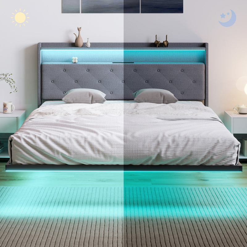 King Size Floating Bed Frame with LED Lights, Charging Ports and Storage Shelves, Grey Homcom