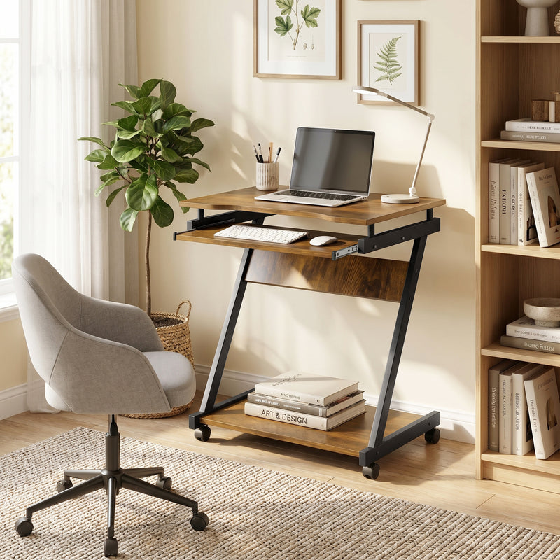 Compact Rolling Desk with Keyboard Tray and Storage Shelf for Small Spaces Rustic Brown