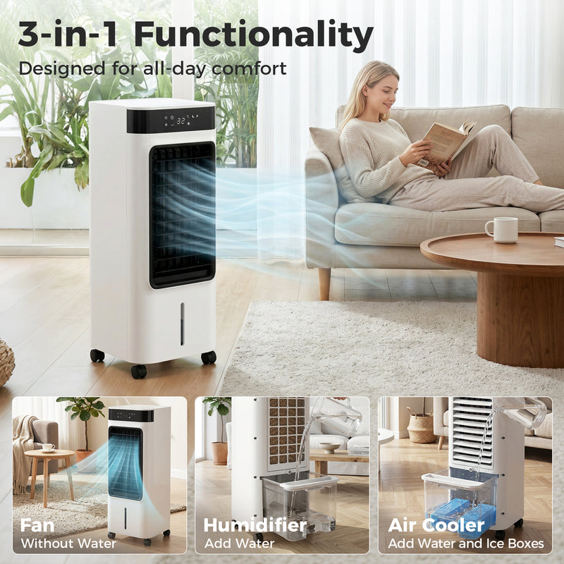Portable Air Cooler with Fan and Humidifier for Quiet Room Cooling | Remote Control  | White Homcom